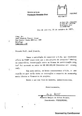 Of&iacute;cio relatando aprova&ccedil;&atilde;o de projeto de pesquisa