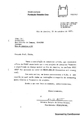 Of&iacute;cio relatando aceita&ccedil;&atilde;o de projeto de pesquisa