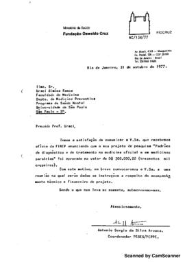 Of&iacute;cio relatando aprova&ccedil;&atilde;o de projeto de pesquisa