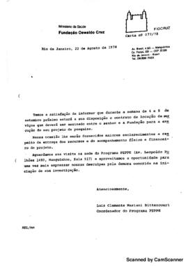 Carta de Luiz Clemente Mariani Bittencourt sobre aprova&ccedil;&atilde;o de projeto de pesquisa pela Finep