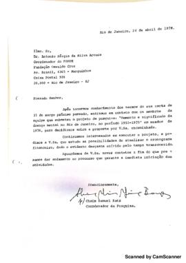 Carta de Chaim Samuel Katz para Antonio S&eacute;rgio da Silva Arouca sobre avalia&ccedil;&atilde;o do projeto Aumento...