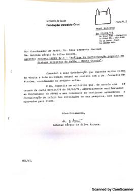 Memorando de Antonio S&eacute;rgio da Silva Arouca para Luiz Clemente Mariani sobre o andamento do proje...