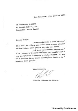 Carta de Cornelia Johannes Van Stralen avisando sobre continua&ccedil;&atilde;o de projeto de pesquisa e intere...