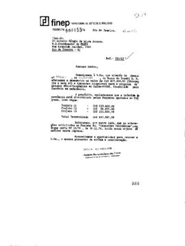 Of&iacute;cio de Abelardo Rodrigues (coordenador do Departamento Financeiro da Finep) para Antonio S&eacute;rgi...