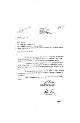 Carta de Carlos Antonio Lopes Pereira (supervisor da &aacute;rea operativa B da Finep) avisando sobre  a...